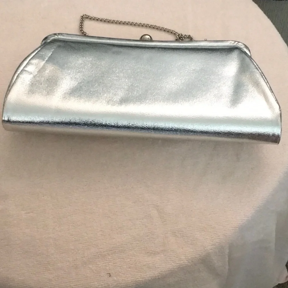 Metallic Silver Evening Clutch with Chain Strap